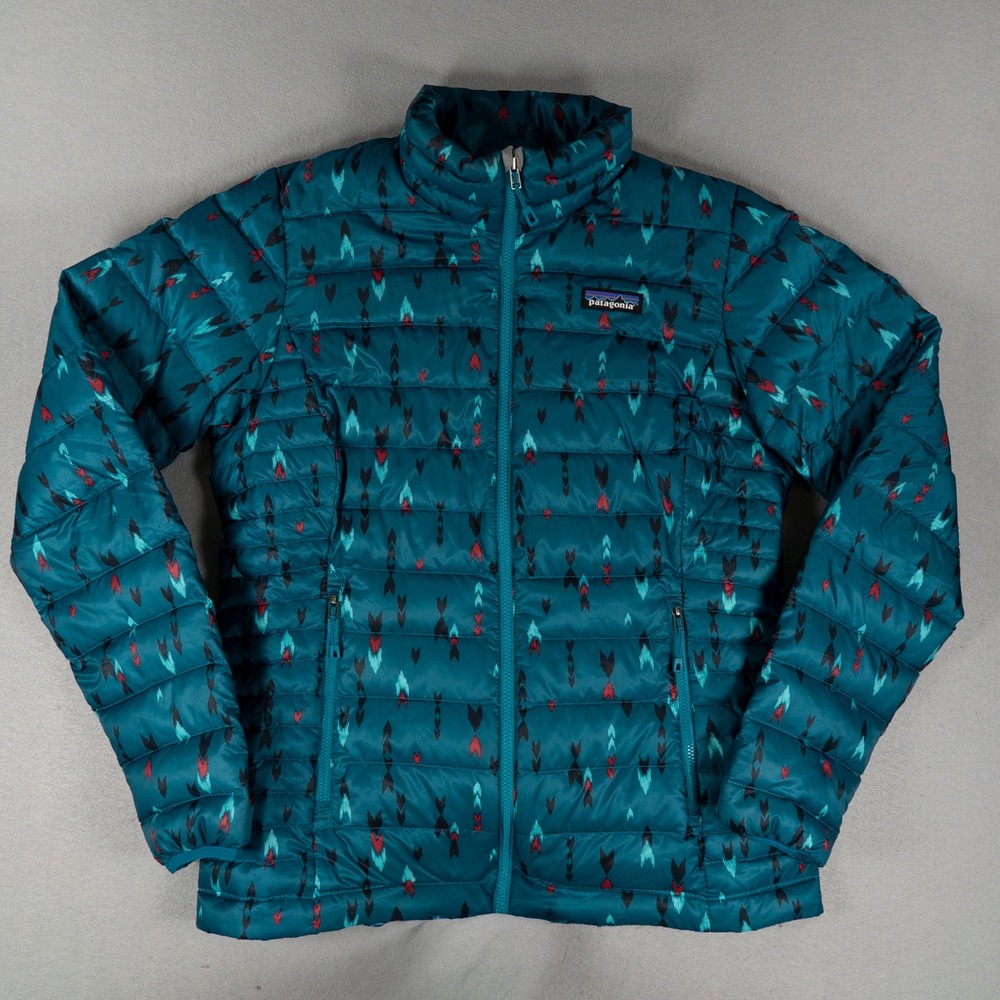 Patagonia Women's Down Sweater Jacket S Teal Print FA17 84683 Goose Down